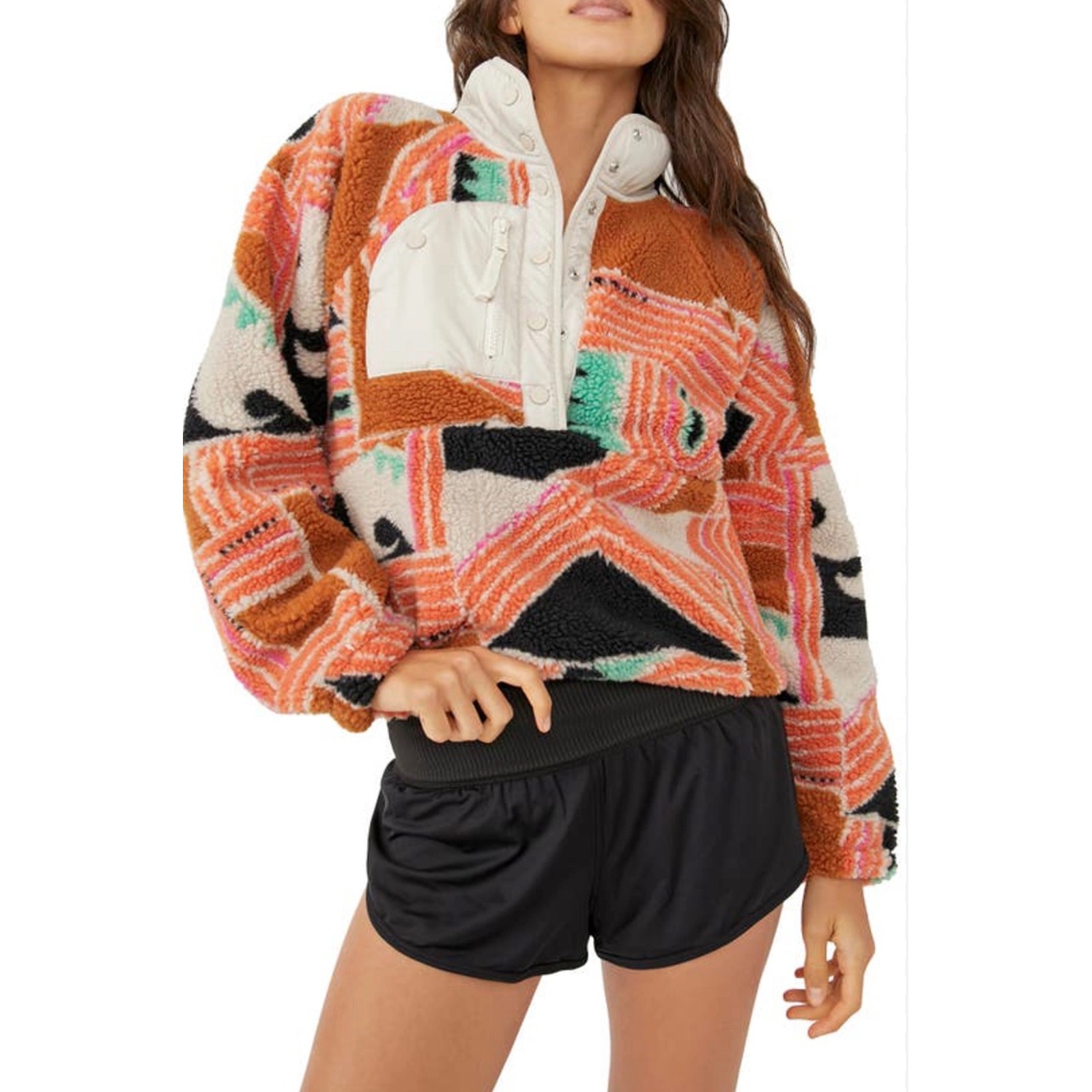 Fp Movement Hit The Slopes Printed Fleece Pullover Jacket Orange Abstract Large